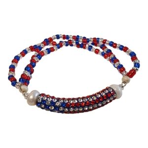 Americana Flag Pearls & Glass Beaded Bracelet New USA Veterans Day Handmade